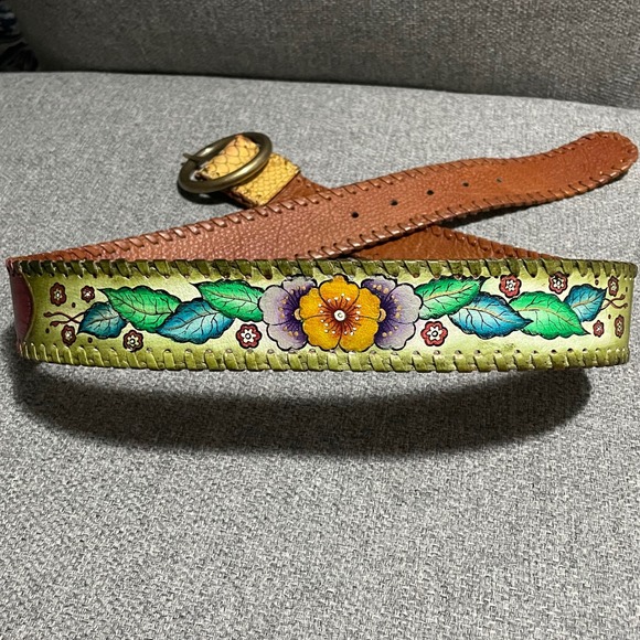 Colorful Belt bronze buckle stitched edges painted floral‎ snake pattern 34-38 - Picture 5 of 14